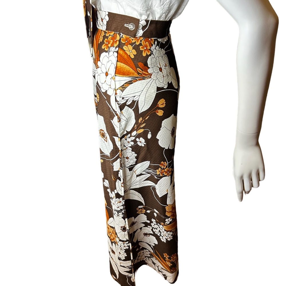 Vintage 70s F.A.Chatta Brown Floral Maxi Skirt 26 Waist - Picture 6 of 14